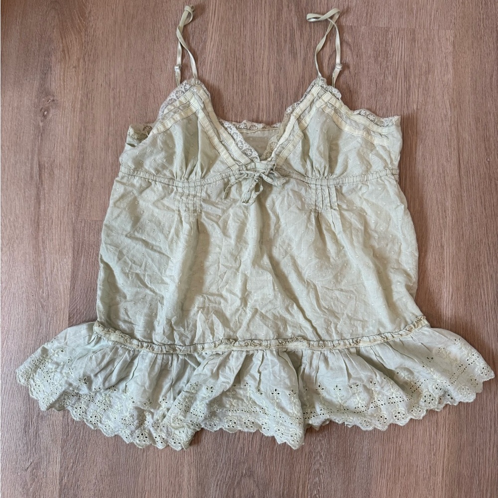 Lace Trim Eyelet Cami Top - Light Green Colour - Picture 2 of 5